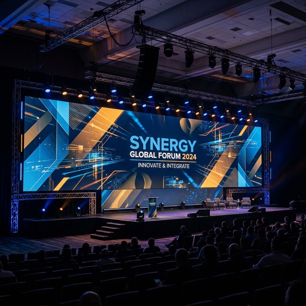 Modularny telebim LED wyświetlający dynamiczne tło na scenie eventowej w Krakowie